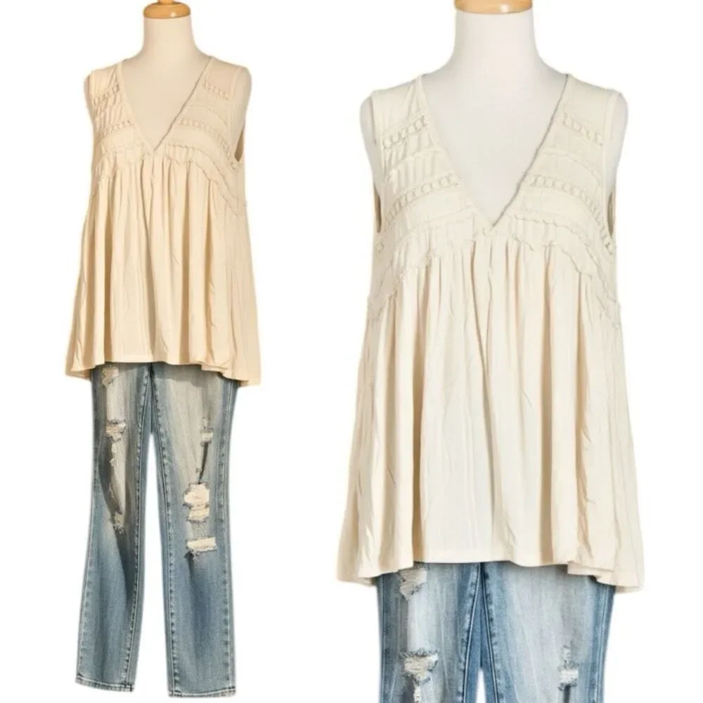 POL Tank Beige Lace Trim Boho Babydoll Sleeveless Top Ruffle Raw Edge Detail NEW - Picture 10 of 13